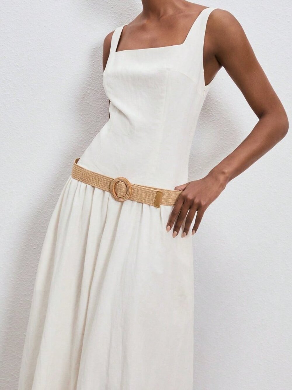 Beige Elegant Women's Square Neck Sleeveless Maxi Dress - Picture 4 of 6